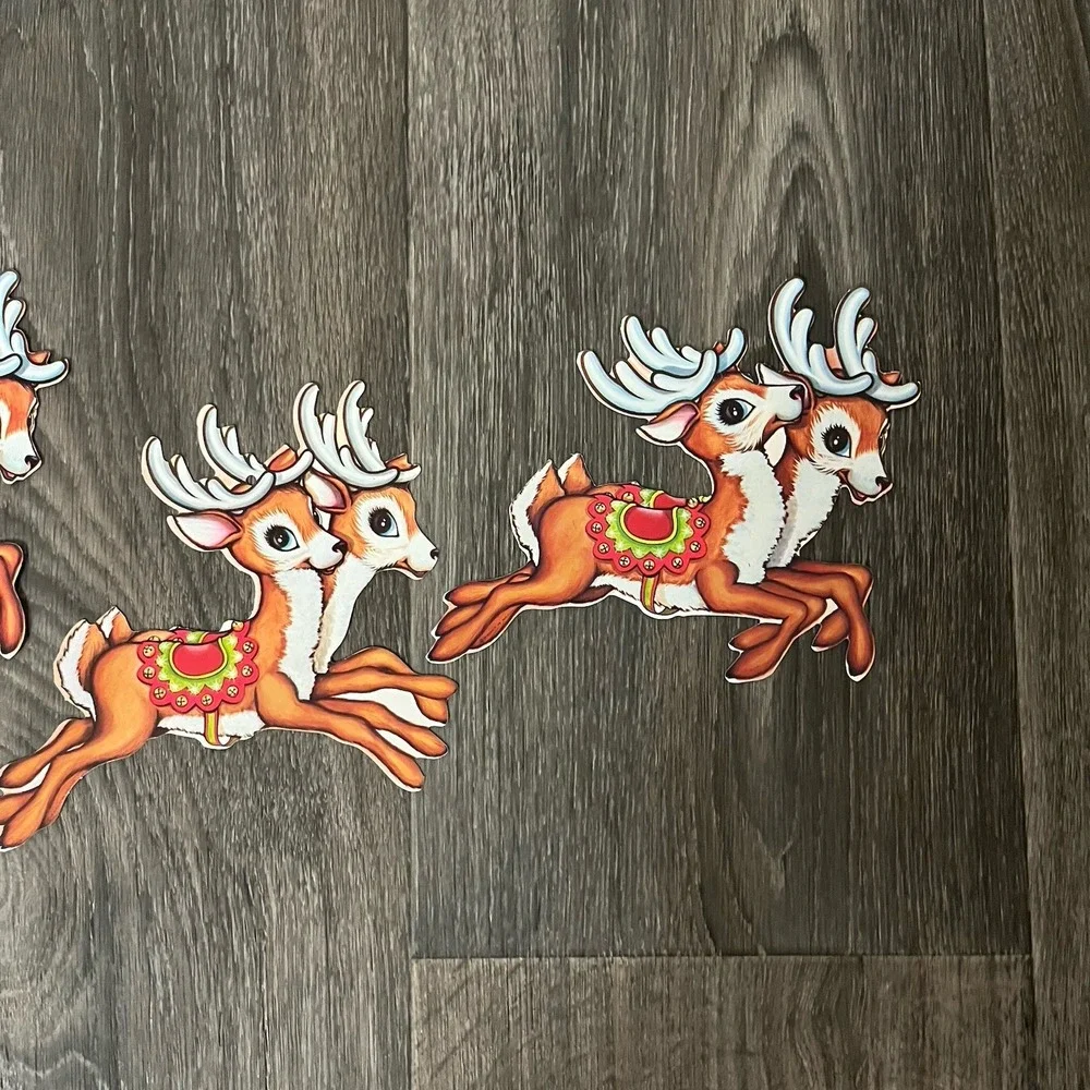 Vintage Beistle Santa Claus Sleigh & Reindeer Christmas Die Cut Decoration 5 Pc